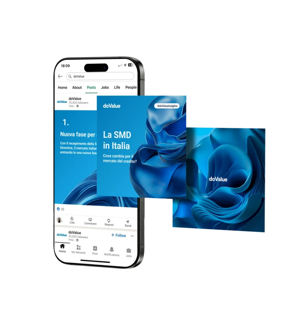 Contenuti social doValue mostrati su smartphone, con design visivo blu e insight finanziari realizzati per la comunicazione LinkedIn di doValue.