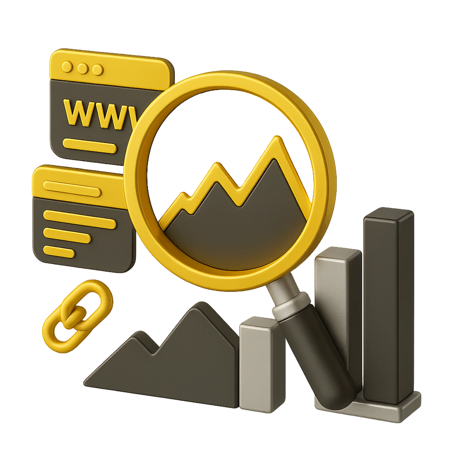 Icona 3D SEO finanziaria con grafico in crescita, lente d’ingrandimento, elementi web e link building — servizi SEO per fintech, banche e aziende finanziarie.