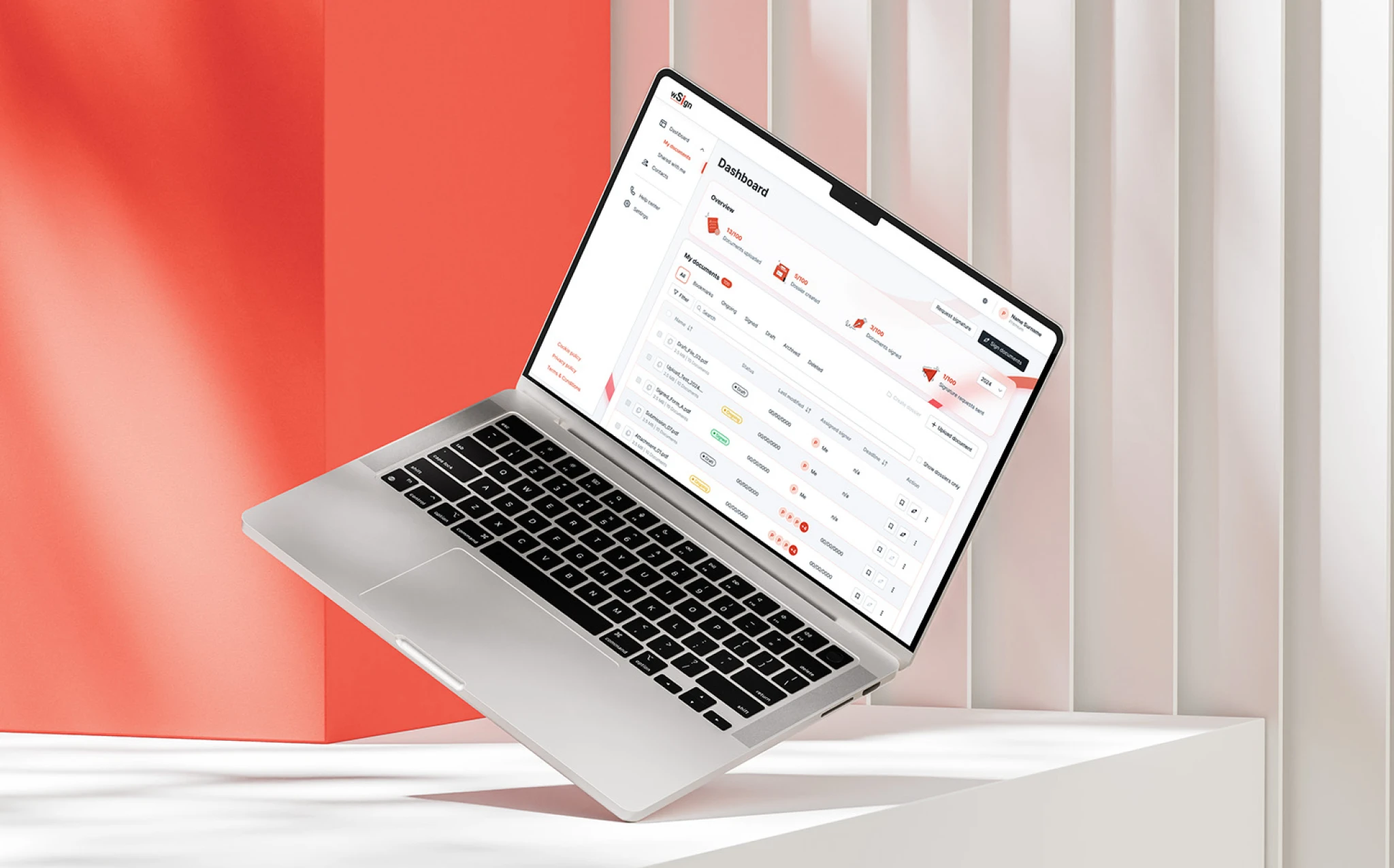 Laptop mockup displaying the wSign electronic signature platform interface; UX/UI design project by Creative Bulls.