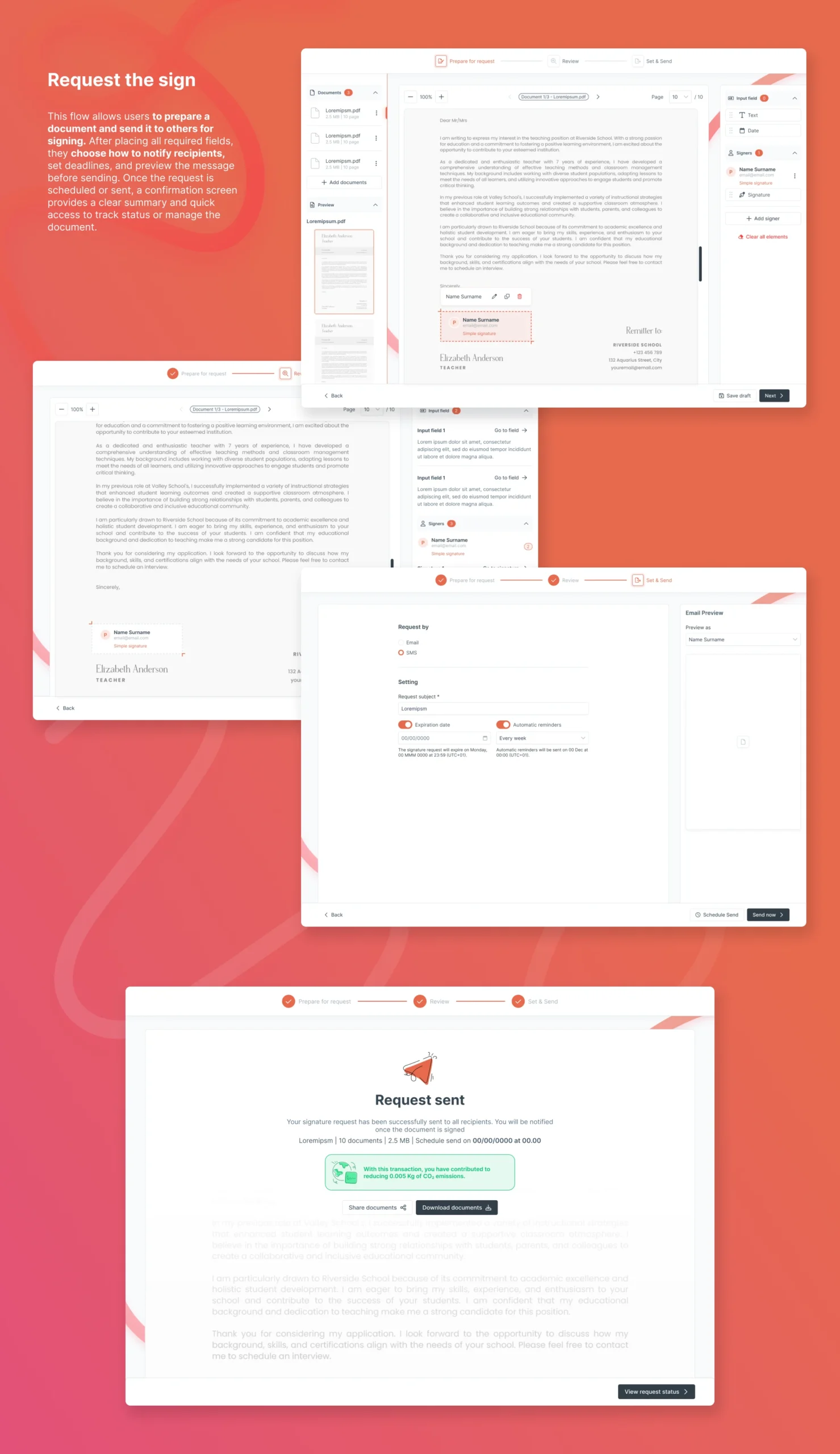Piattaforma di firma elettronica wSign — flusso di richiesta firma con posizionamento campi, impostazioni destinatari, anteprima messaggio e schermata di conferma.”