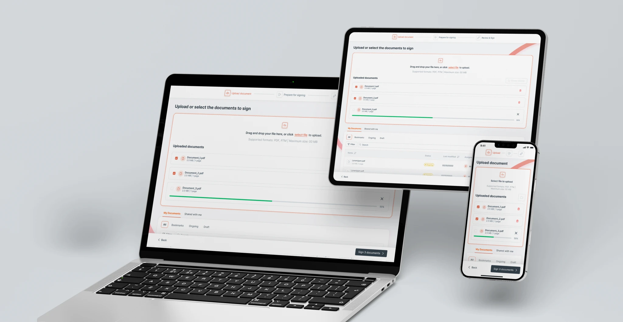 Interfaccia della piattaforma di firma elettronica wSign mostrata su laptop, tablet e smartphone.