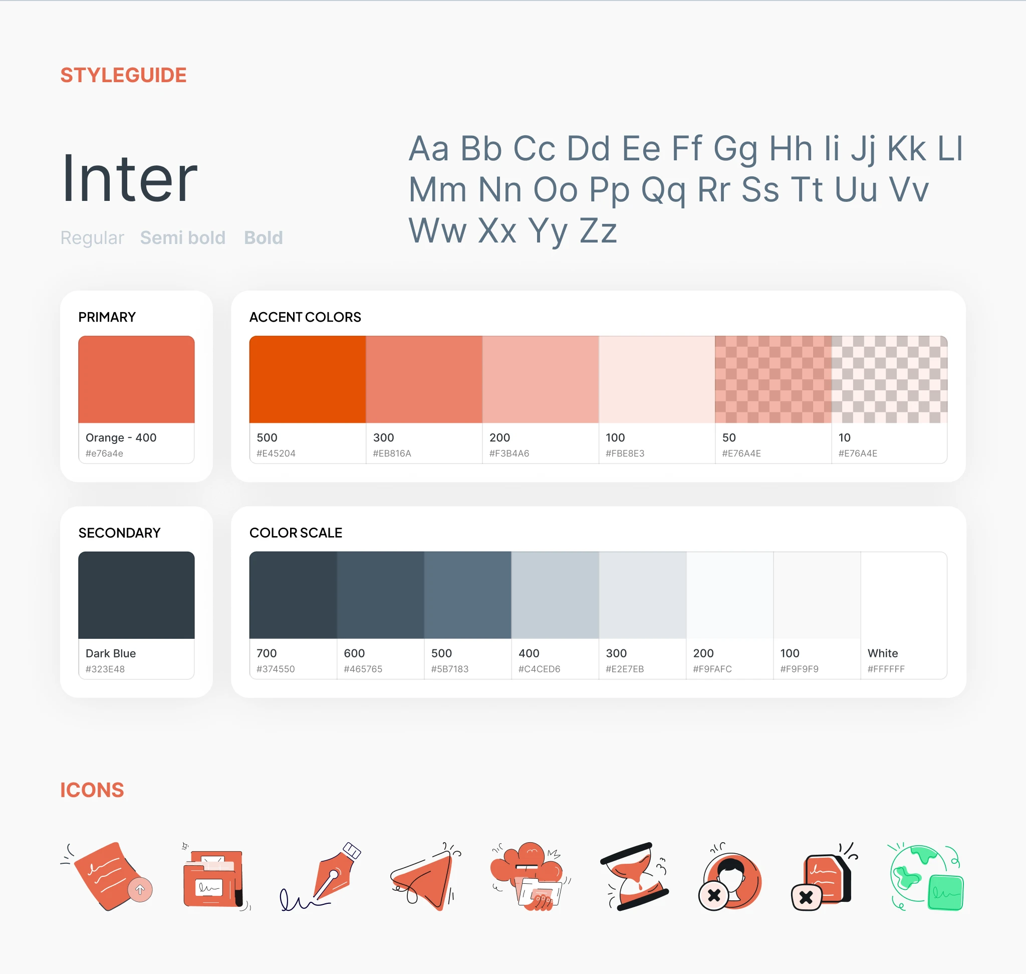 Style guide di wSign con il font Inter, i colori primari e secondari del brand, la palette degli accent colors, la scala dei grigi e una serie di icone illustrate utilizzate nell’interfaccia della piattaforma di firma elettronica.