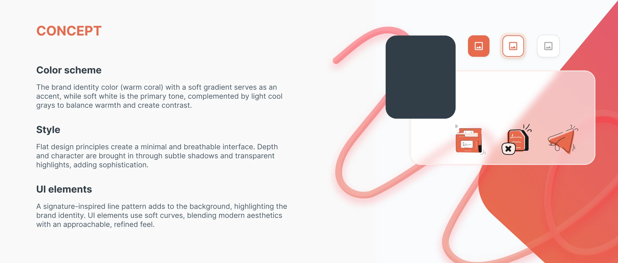 Sezione concept del redesign della piattaforma di firma elettronica wSign, con gradienti corallo, elementi UI blu scuro, icone dei documenti e principi di brand identity come palette colori, flat design, curve morbide e pattern ispirati alla firma.