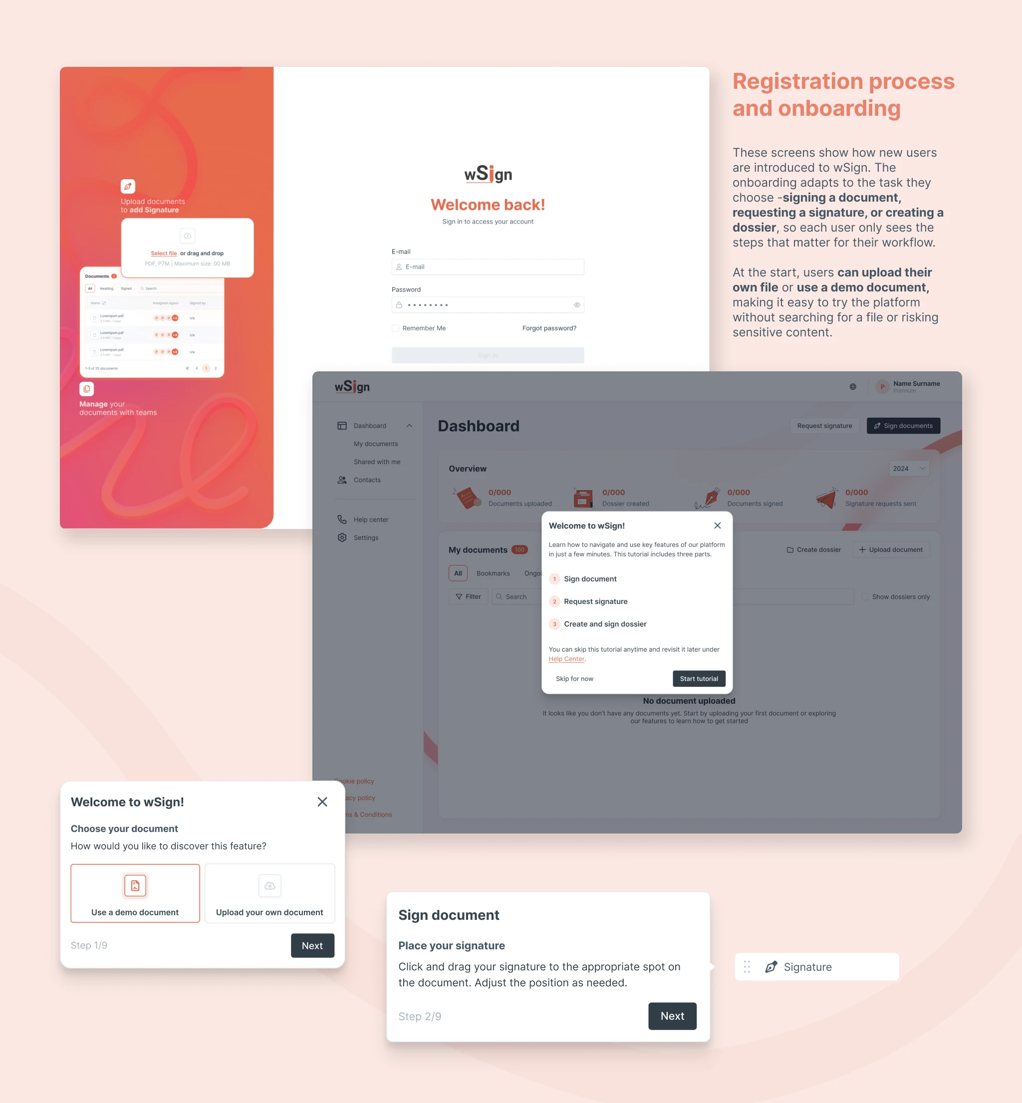 Schermate UI del processo di registrazione e onboarding di wSign, piattaforma di firma elettronica: login, caricamento documenti, dashboard e tutorial interattivo con guida passo-passo.