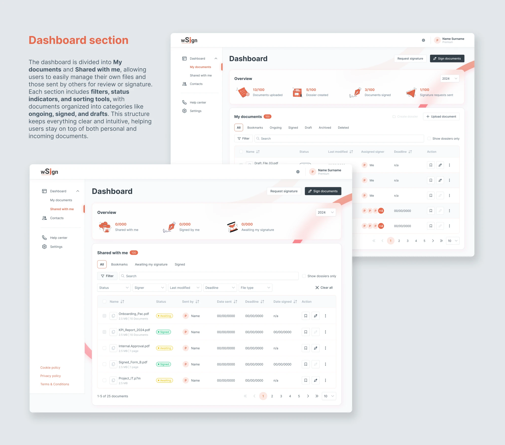 Interfaccia della piattaforma wSign per la firma elettronica che mostra la dashboard con filtri, indicatori di stato dei documenti, strumenti di ordinamento e sezioni I miei documenti e Condivisi con me.”