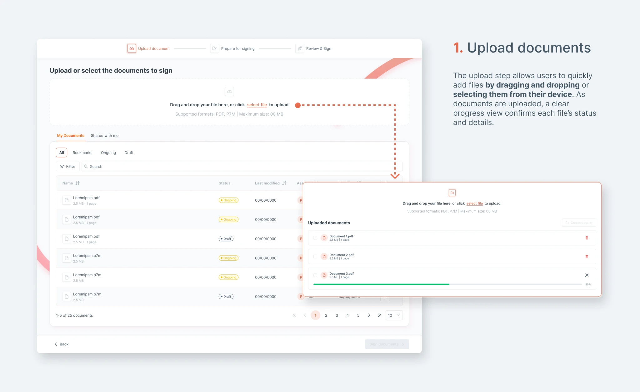 wSign UX/UI – Interfaccia di caricamento documenti con area drag-and-drop, elenco dei file caricati e barra di avanzamento, progettata da Creative Bulls per la piattaforma di firma elettronica.