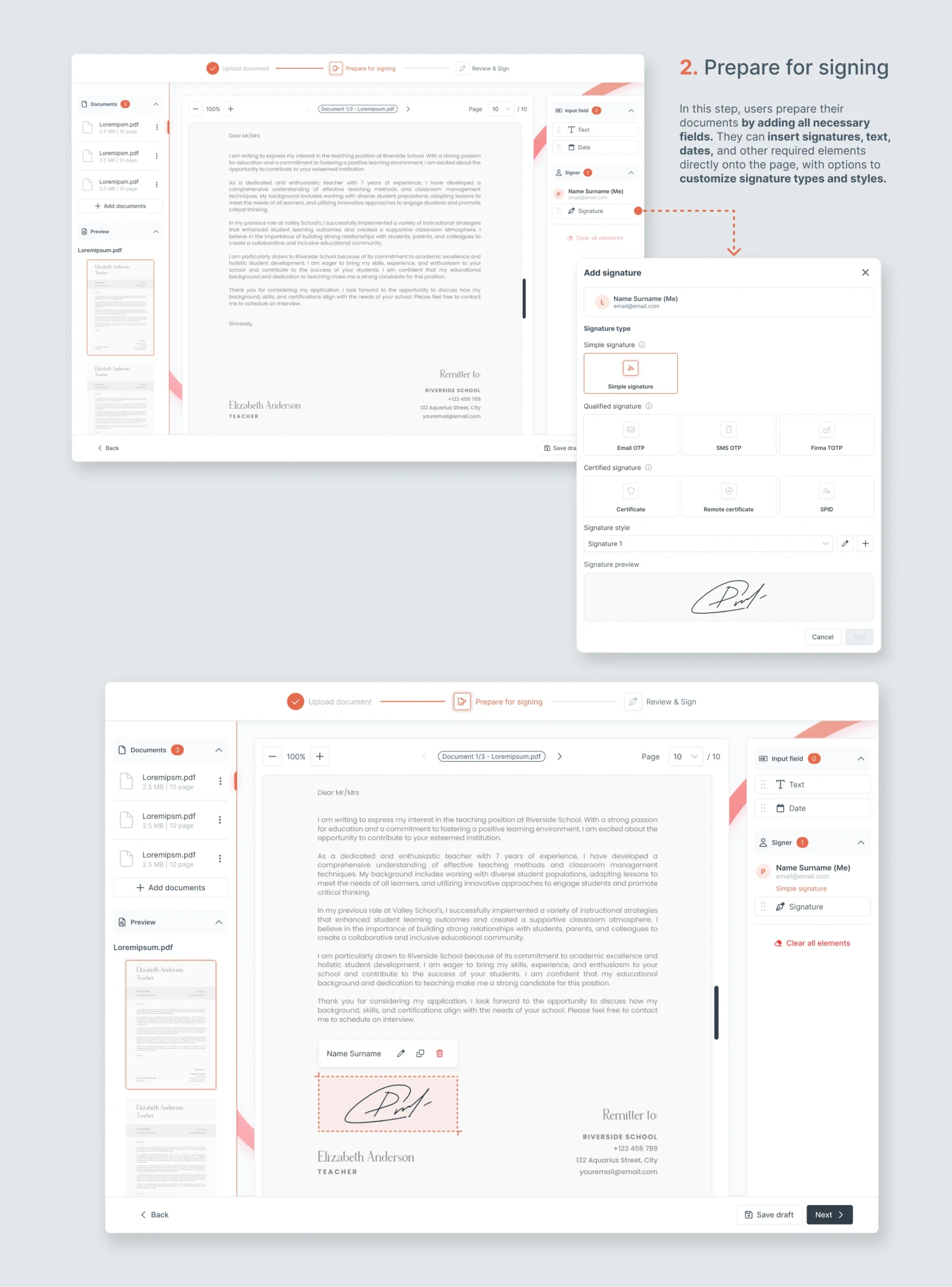 Piattaforma di firma elettronica wSign – Interfaccia di preparazione alla firma. Le schermate mostrano l’anteprima del documento, gli strumenti laterali per aggiungere firma, testo e data, e un modulo di personalizzazione della firma con opzioni semplice e qualificata. UX/UI design a cura di Creative Bulls.