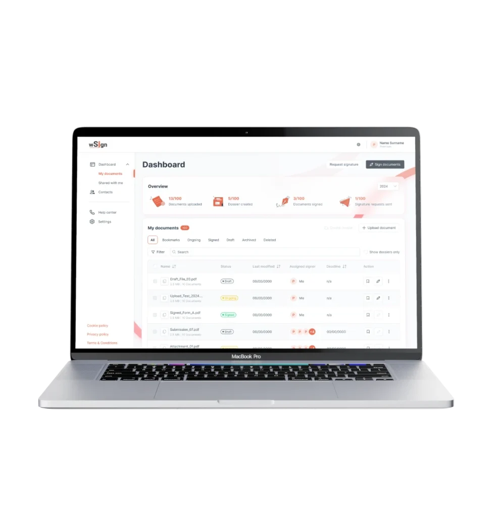 Dashboard della piattaforma di firma elettronica wSign su MacBook Pro, con gestione documenti, stato avanzamento e strumenti di firma.”