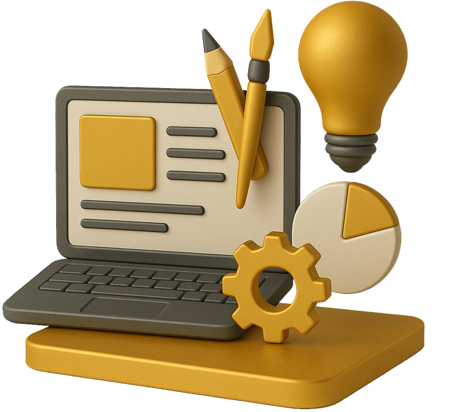 Illustrazione 3D dedicata a un ufficio marketing e creativo esterno, con laptop, strumenti di design, lampadina e icone di analytics.