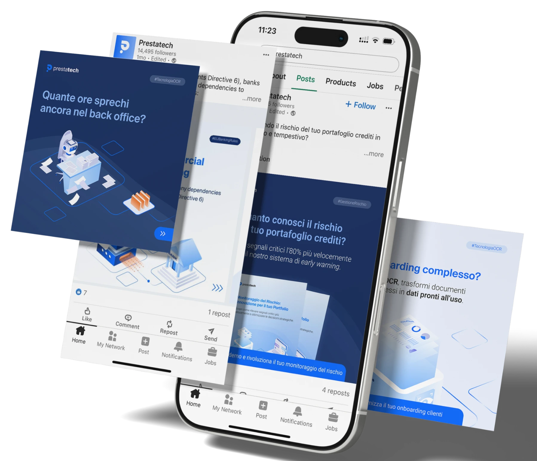 Soluzioni marketing per fintech e società finanziarie – collage di post social Earnext e interfaccia mobile che mostrano contenuti wealthtech e visual identity del brand.