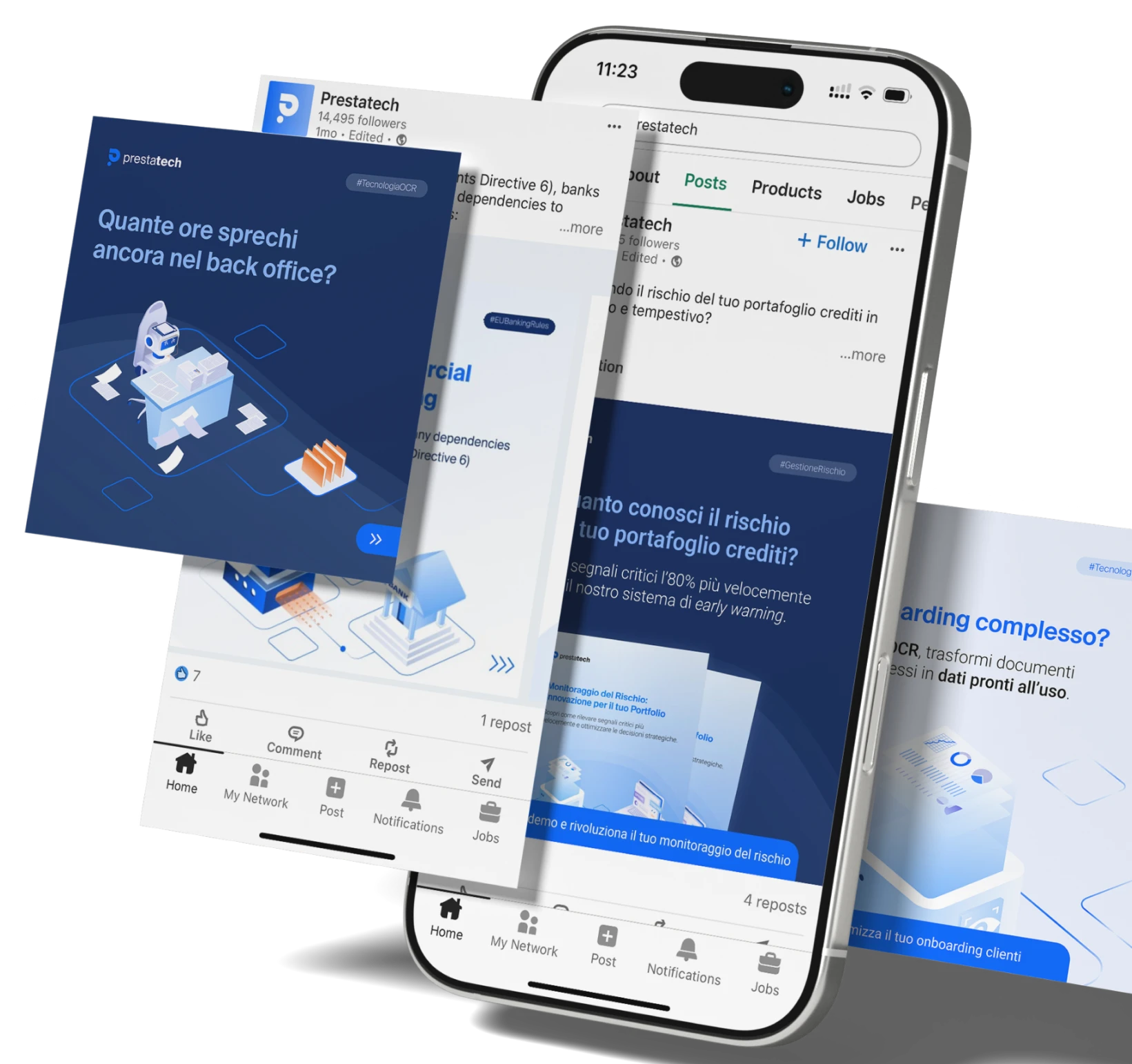 Soluzioni marketing per fintech e società finanziarie – collage di post social Earnext e interfaccia mobile che mostrano contenuti wealthtech e visual identity del brand.