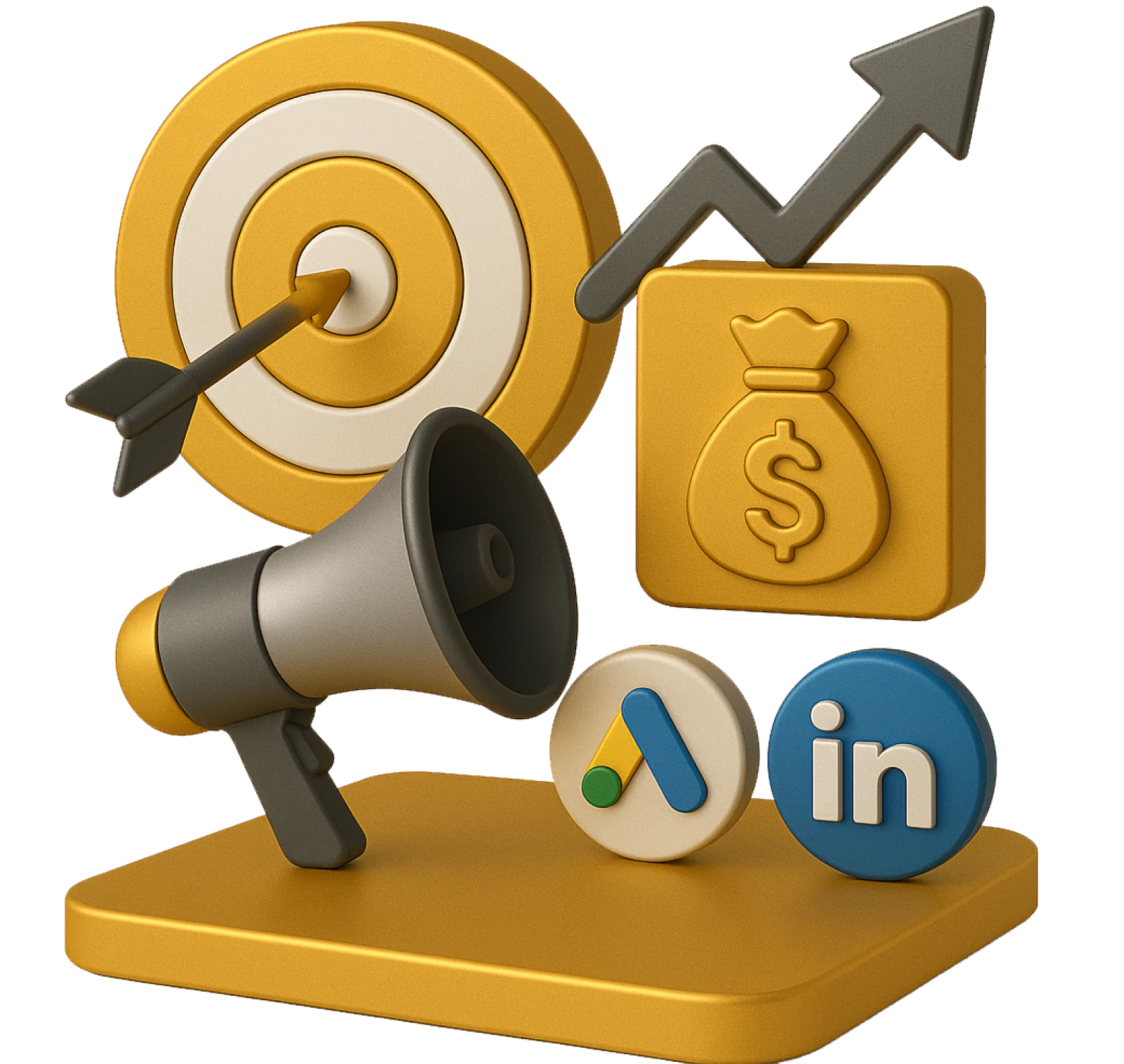 Illustrazione 3D di icone di performance marketing con target, megafono, freccia di crescita, sacco di denaro e simboli Google Ads e LinkedIn.