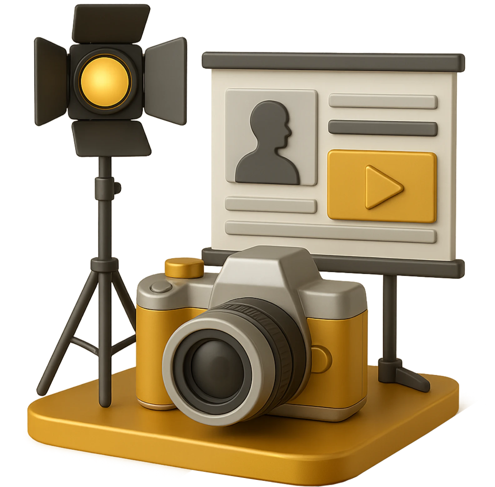 Illustrazione 3D di attrezzatura per shooting fotografici e video aziendali per contenuti professionali.