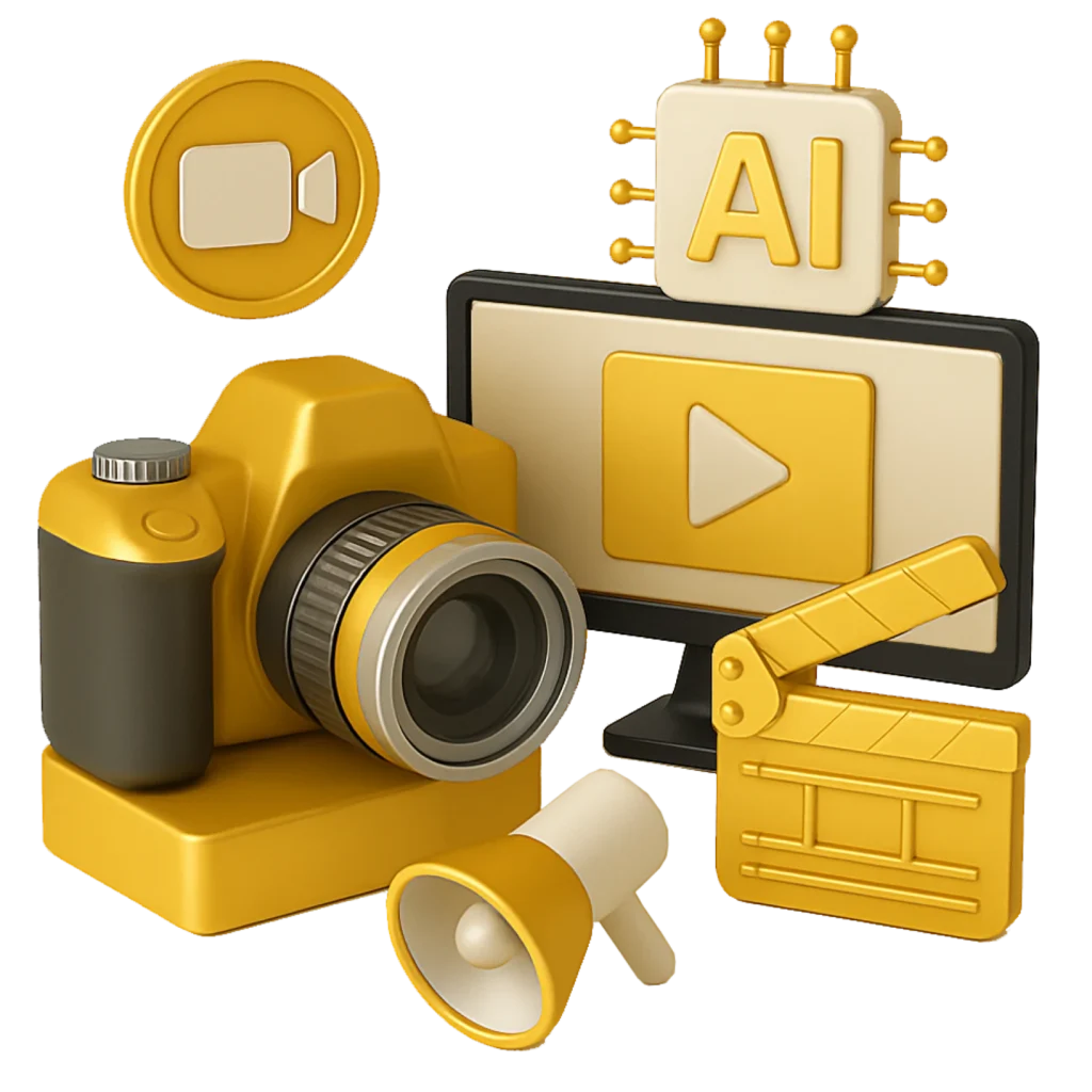 Icone 3D che rappresentano strumenti foto e video potenziati dall’AI, come fotocamera, ciak, schermo e chip AI.