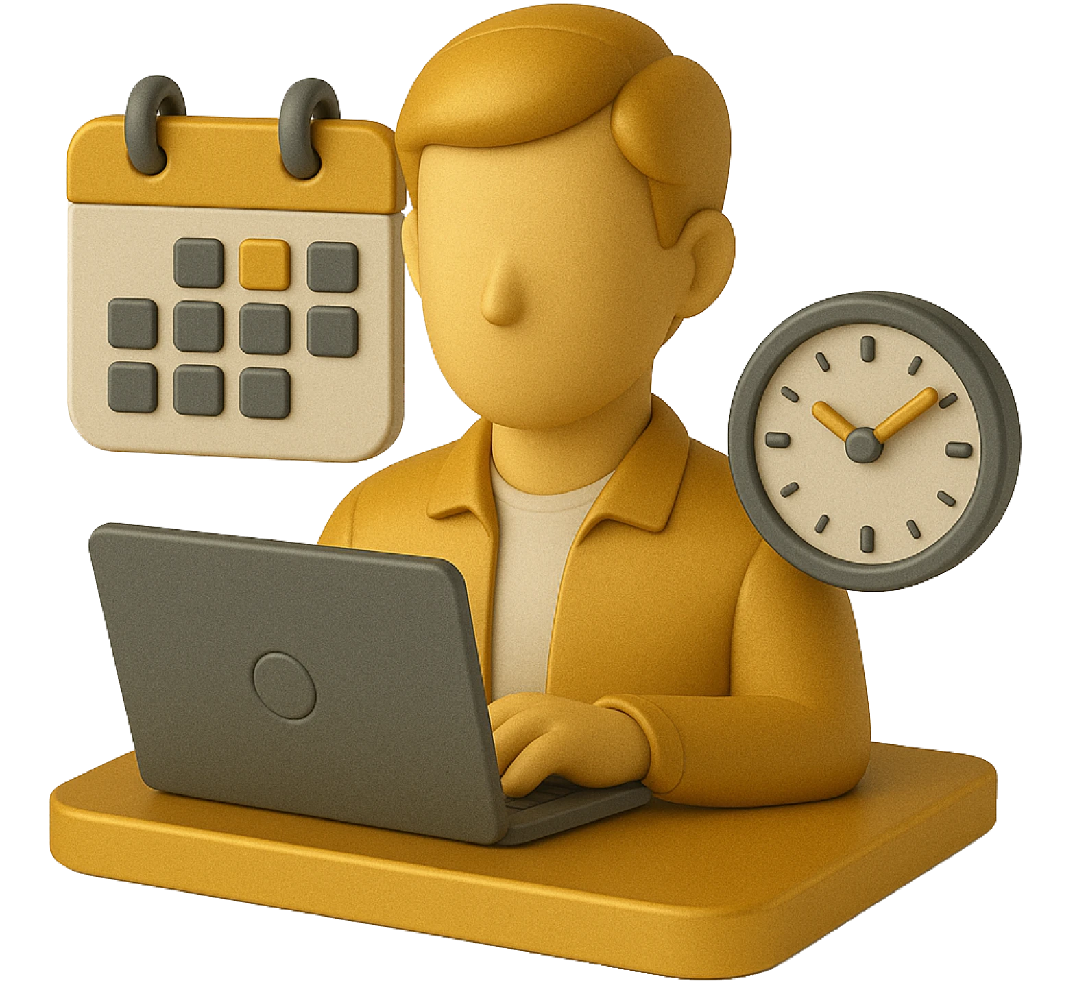 Illustrazione 3D di una risorsa dedicata che lavora al laptop, con calendario e orologio a rappresentare un supporto continuativo.